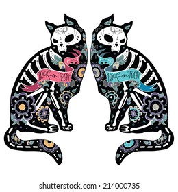 Greeting card and cats  skeletons and floral patterns  Colorfull cats  Vector illustration 