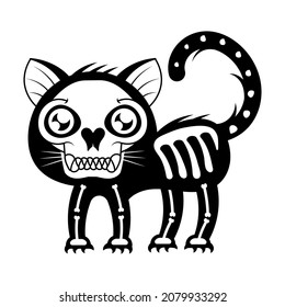 Greeting card with cats, skeletons with tattoo patterns. Black cats. Vector illustration