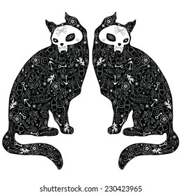 Greeting card with cats, skeletons with tattoo patterns. Black cats. Vector illustration