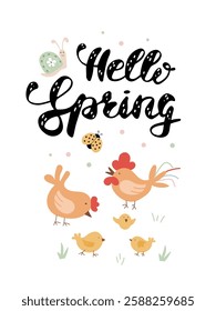 Greeting card of celebrate the arrival of spring with cheerful illustrations of birds, flowers, and friendly creatures in vibrant colors