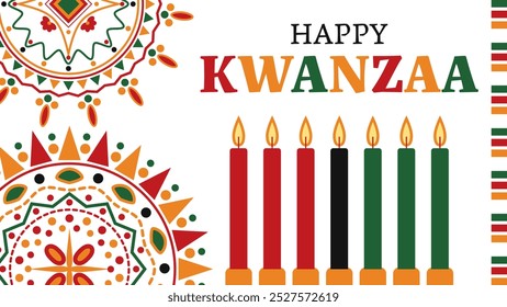 Greeting card celebrating kwanzaa, a seven-day holiday honoring african heritage, with candles colored red, black, and green