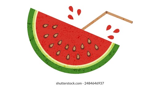 Greeting card celebrating watermelon day with watermelon slice isolated on white.  Vintage banner with grunge texture with a slice of juicy watermelon and straw in flat style.