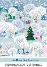 Greeting card.  Celebration  background with Christmas Landscape, Christmas tree, deers and place for your text. Xmas decoration. Website wallpapers. Winter season vacation concept. Christmas Template