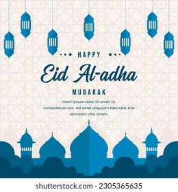 
Tarjeta de saludo para la celebración de eid al - adha. con vector de ilustración de silueta de mezquita