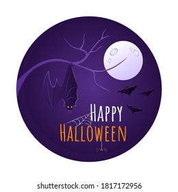 Greeting card for celebration on Halloween with bats and cobwebs on the background of the full moon. Paper cut and craft style. Happy Halloween.