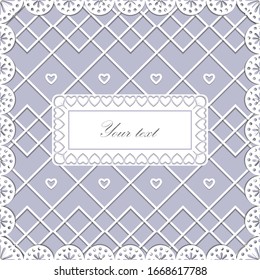 Greeting card with a celebration with a square openwork paper frame on the edge and a rectangular frame in the center with space for text, scrapbook style, laser cut, vector