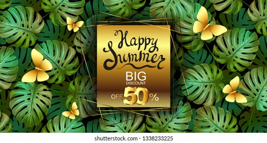 Greeting card, certificate with tropical palm leaves and butterflies. Template for summer sale, advertising banner, holidays, birthday, wedding, promotions, big discounts