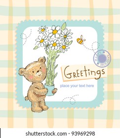 Greeting card with chamomile & teddy bear