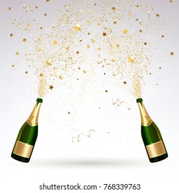 greeting card with champagne and gold confetti salute on a light background