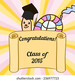 Greeting card with a character and congratulations graduate completion of studies