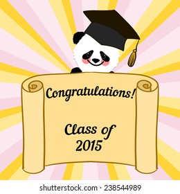Greeting card with a character panda and congratulations graduate completion of studies