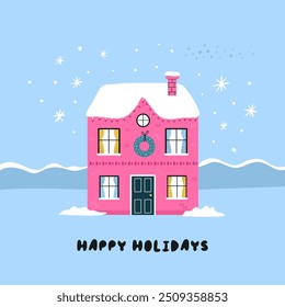 Greeting Card with Charming Hand Drawn Christmas Houses. Festive Holiday Design