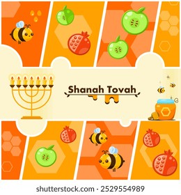 Greeting card. Cheerful abstract background in warm colors with the Hebrew phrase Shanah Tovah. Includes popular icons such as menorah, apple, pomegranate, honey and bees. Vector illustration.