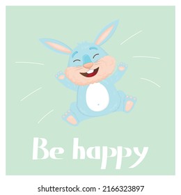 Greeting card with a cheerful blue jumping rabbit and the inscription be happy