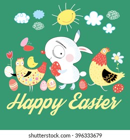 Greeting card with a cheerful Easter bunny and eggs