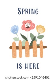 Greeting card with  cheerful flowers and picket fence, symbolizing arrival of spring. Design element for Easter and springtime decor