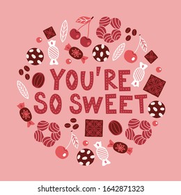 Tarjeta de saludo con cereza, dulces, chocolate, granos de café, galletas, hojas sobre fondo rosa.Ornamento del círculo. Perfecto para la decoración gastronómica, menú de panadería, postales del día de San Valentín