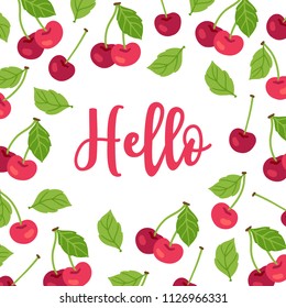 Greeting card with cherry on white background. Fruit frame. Perfect for summer invitation 