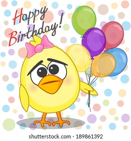 Greeting card Chicken with balloons