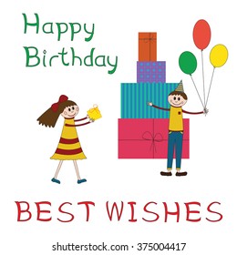 Greeting card for children birthday party with a lot of gifts, title happy birthday, and girl and boy on.