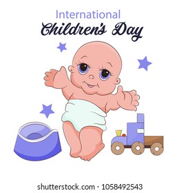Greeting card for children s day. Vector illustration on white background. Little cartoon boy.