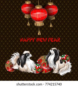 Greeting card with Chinese dog hin and balls and a lantern