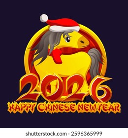 Greeting card with Chinese golden horse wears Christmas hat. The Chinese Year of the Horse, Happy Chinese New Year 2026