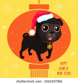 Greeting card for Chinese New year with a cute black pug. Color illustrations with catoon dog in Santa's hat. Background with Chinese lantern and snowflakes. 