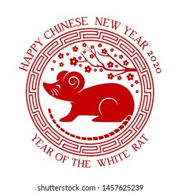 Greeting card with Chinese new year 2020 white rat on the astrological calendar. Gong Xi Fa Cai. Golden traditional Chinese illustration on a red background. flat isolated vector
