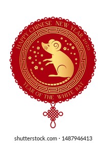 Greeting card with Chinese new year 2020 white rat on the astrological calendar. Gong Xi Fa Cai. Golden traditional Chinese illustration on a red background. flat isolated vector