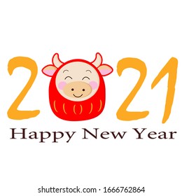Greeting card with Chinese New Year and the image of a daruma in the form of a bull and the inscription "happy new year"