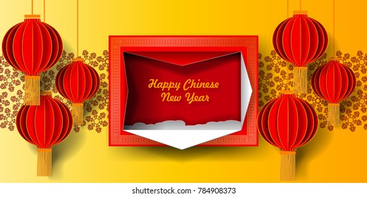 Greeting card Chinese new year 2019. Chinese lanterns on the background of snowflakes. Paper art craft style.