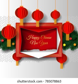 Greeting card Chinese new year 2019. Chinese lanterns on the background of snowflakes and christmas tree. Papert art craft style