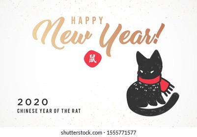 Greeting card in Chinese Style. 2020 Happy New Year Card. Mouse, Rat Symbol of the year. Vector Illustration