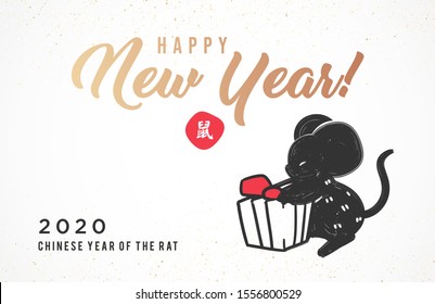 Greeting card in Chinese Style. 2020 Happy New Year Card. Mouse, Rat Symbol of the year. Vector Illustration