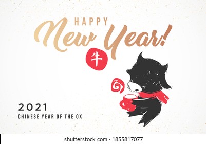 Greeting card in Chinese Style. 2021 Happy New Year Card. Gold Ox, Bull Symbol of the year. Hieroglyph translation: "Bull"