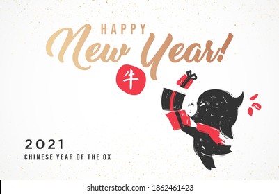 Greeting card in Chinese Style. 2021 Happy New Year Card. Gold Ox, Bull Symbol of the year. Hieroglyph translation: "Bull"