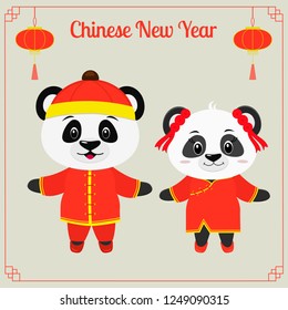 Greeting card with chinese year. Two cute pigs, a boy and a girl in Chinese traditional red costumes. Frame with flashlights. Symbol of 2019 in the Chinese calendar. Vector.