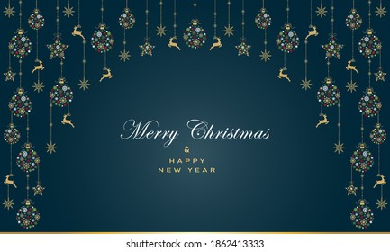 Greeting card with christmas ball made from snowflakes and dear  on dark green background.New year them. Vector illustration