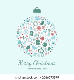 Greeting card with a christmas ball made of icons and symbols, including gifts and snowflakes. A postcard with flat Christmas icons on a blue background. Happy New Year vector illustration
