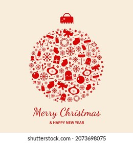 Greeting card with a christmas ball made of icons and symbols, including gifts and snowflakes. Christmas greeting card with christmas ball