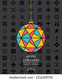 Greeting card with Christmas ball with a pattern of triangles. vector