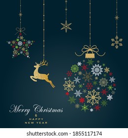 Greeting card with christmas ball, star made from snowflakes and dear  on dark green background.New year them. Vector illustration