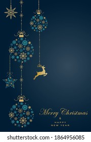 Greeting card with christmas ball and star turquoise and gold colour made from snowflakes and dear  on dark background.New year them. Vector illustration