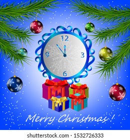 Greeting card with Christmas balls and clock.Clock and beautiful balls on the Christmas tree in a New Year card.