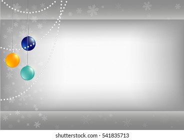 Greeting card with Christmas balls, flashlights and space for text. Vector illustration, EPS 10.