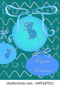 Greeting card with Christmas balls and mice. Blue balls with bows and a mouse inside. Text Happy Holidays. The symbol of the outgoing year a pig in the background. Vector illustration for the new year