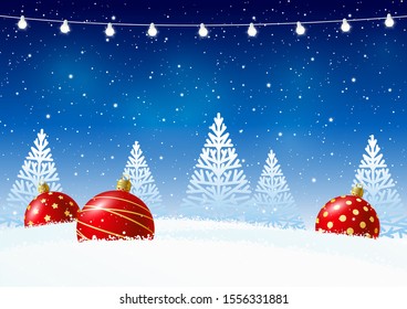 Greeting card with Christmas balls on starry night background for winter holiday design