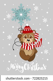 Greeting card with Christmas bear. Merry Christmas hand drawn lettering.