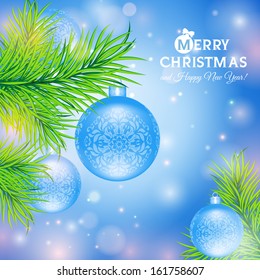 Greeting card with Christmas blue balls